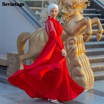 Sevintage Elegantna Rdeča A-Line Prom Obleke Visoko Vratu Dolgo Cape Rokavi Rese Dolžina Tal Večerno Obleko vestido de gala 2024