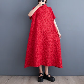 2023 Novi Kitajski Slog Rdeče Črno Poletje Obleko Stojala Za Ovratnik Sponke Mozaik Jacquardske Vintage Moda Za Ženske Priložnostne Obleko Midi