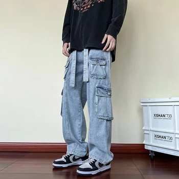 Ulične Moške Cargo Jogger Kavbojke korejski Modi Nove Jeseni Žepi Modni Jeans Moški Vrvico Design Hlače