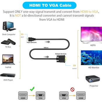 HDMI VGA Kabel HDMI na VGA Kabel Kabel Audio Video moški-moški kabel Vgrajen Čip 1,8 M 1920*1080P Za PC Monitor HDTV Projektor