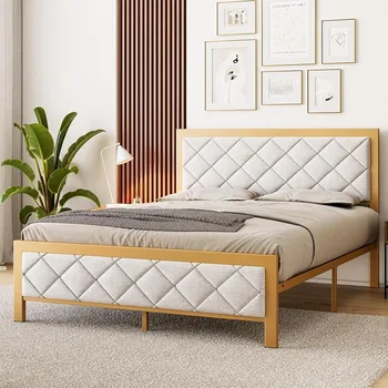 Full-size postelja okvir, kovinsko posteljo okvir z oblazinjeni žamet vzglavja, non-slip in neslišno, platforma posteljo okvir z jekleno letvice