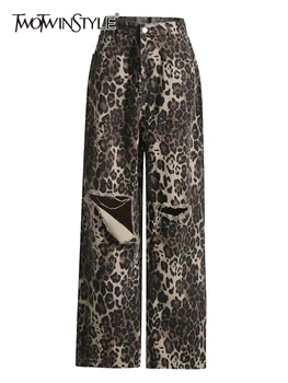 TWOTWINSTYLE Leopard Razrezana Luknjo Jeans Za Ženske Visoko Pasu Mozaik Žepi Priložnostne Ulične Jean Ženskih Modnih Oblačil Nova