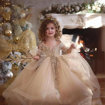 Vintage Bleščice Zabuhle Ruffles Rokavi Princesa Žogo Obleke Dekle Obleko Za Prvo Obhajilo Maturantski Kostume Cvet