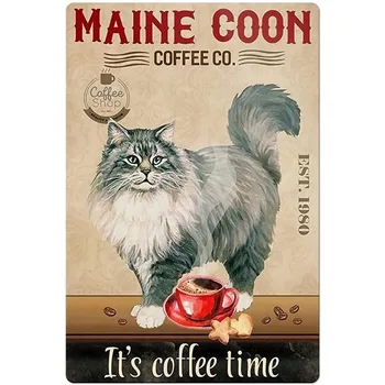 Mačka in Kave Letnik Kovinski Tin Znak,Maine Coon Kave Co. Retro Stenski Dekor za Dom, Bar, Restavracija, Kavarna Pub na Prostem