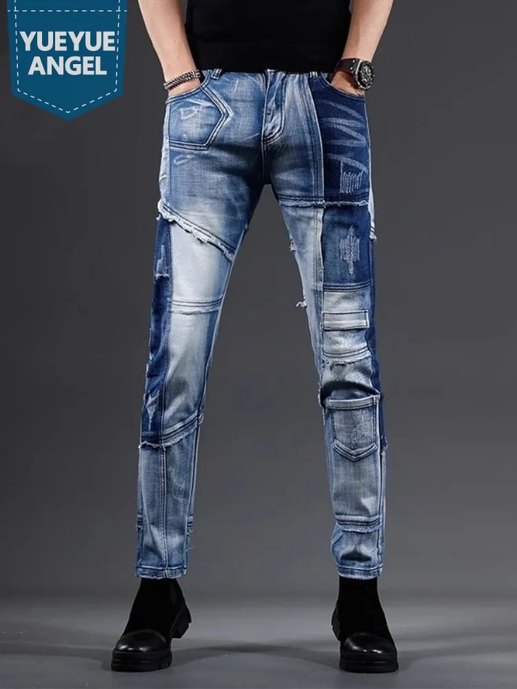 Vintage Razrezana Mens Jeans Zadrgo Osebnost Hlač Oprati Svetlo Modra Slim Fit Traper Hlače Pomlad Poletje Svinčnik Hlače0