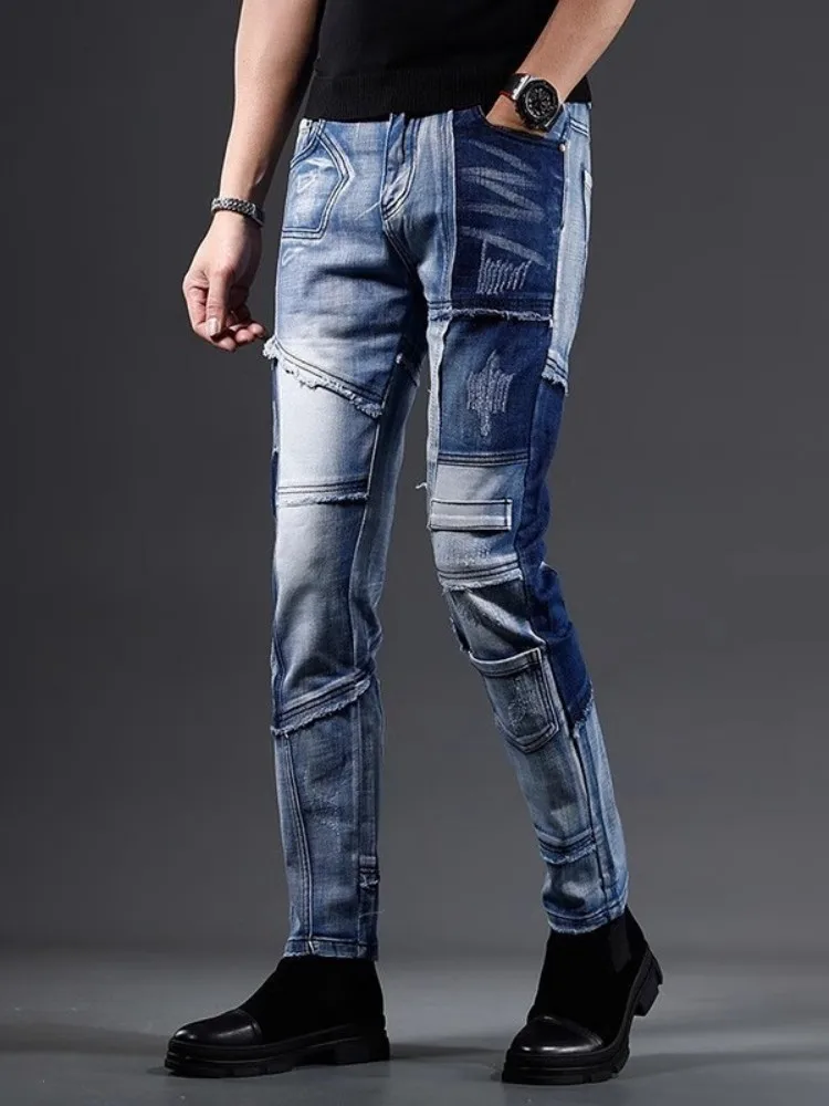 Vintage Razrezana Mens Jeans Zadrgo Osebnost Hlač Oprati Svetlo Modra Slim Fit Traper Hlače Pomlad Poletje Svinčnik Hlače2