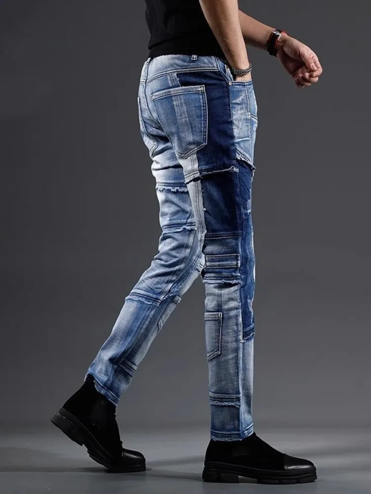 Vintage Razrezana Mens Jeans Zadrgo Osebnost Hlač Oprati Svetlo Modra Slim Fit Traper Hlače Pomlad Poletje Svinčnik Hlače3