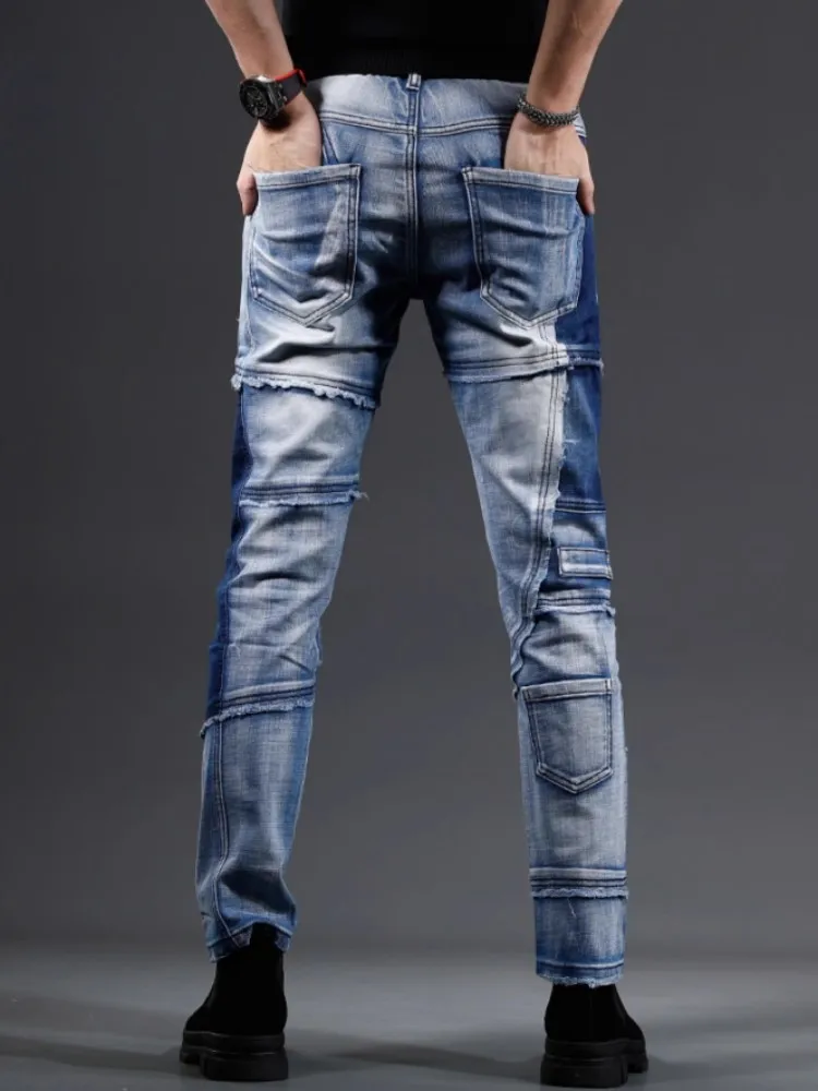 Vintage Razrezana Mens Jeans Zadrgo Osebnost Hlač Oprati Svetlo Modra Slim Fit Traper Hlače Pomlad Poletje Svinčnik Hlače5
